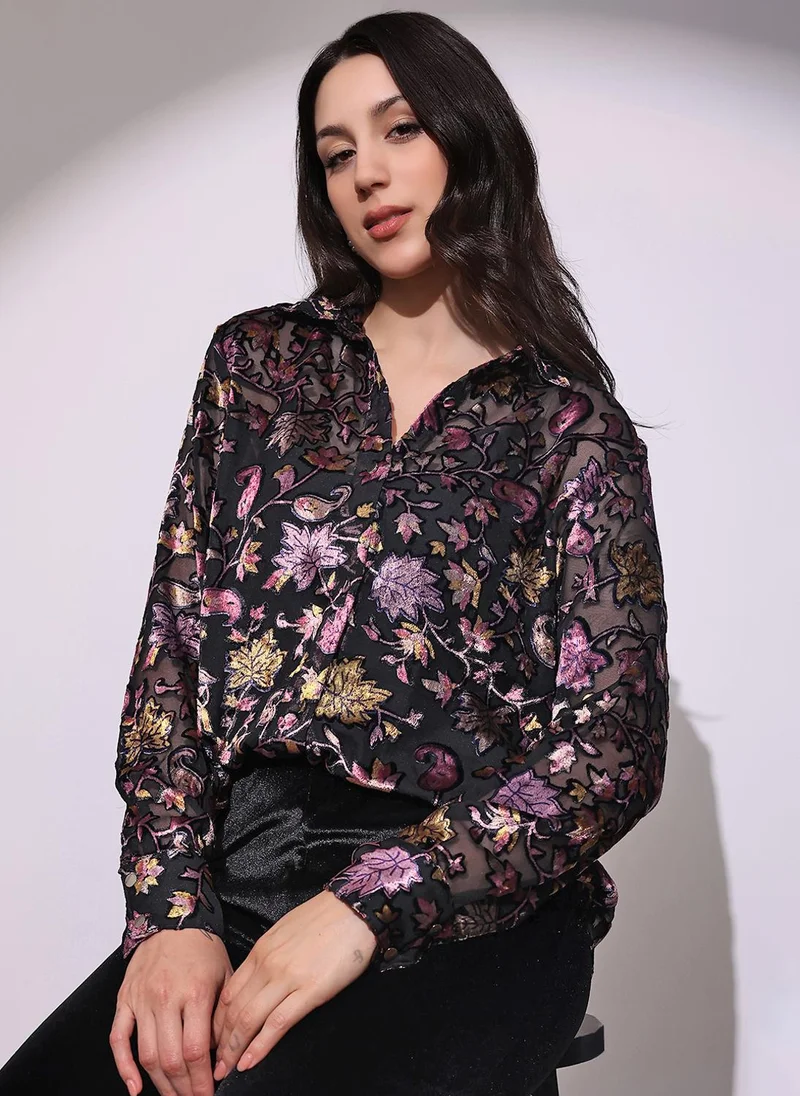 جلو باص بلوزة نسائية سوداء بتصميم زهور وياقة وأكمام بأساور وحافة منحنية للحفلات